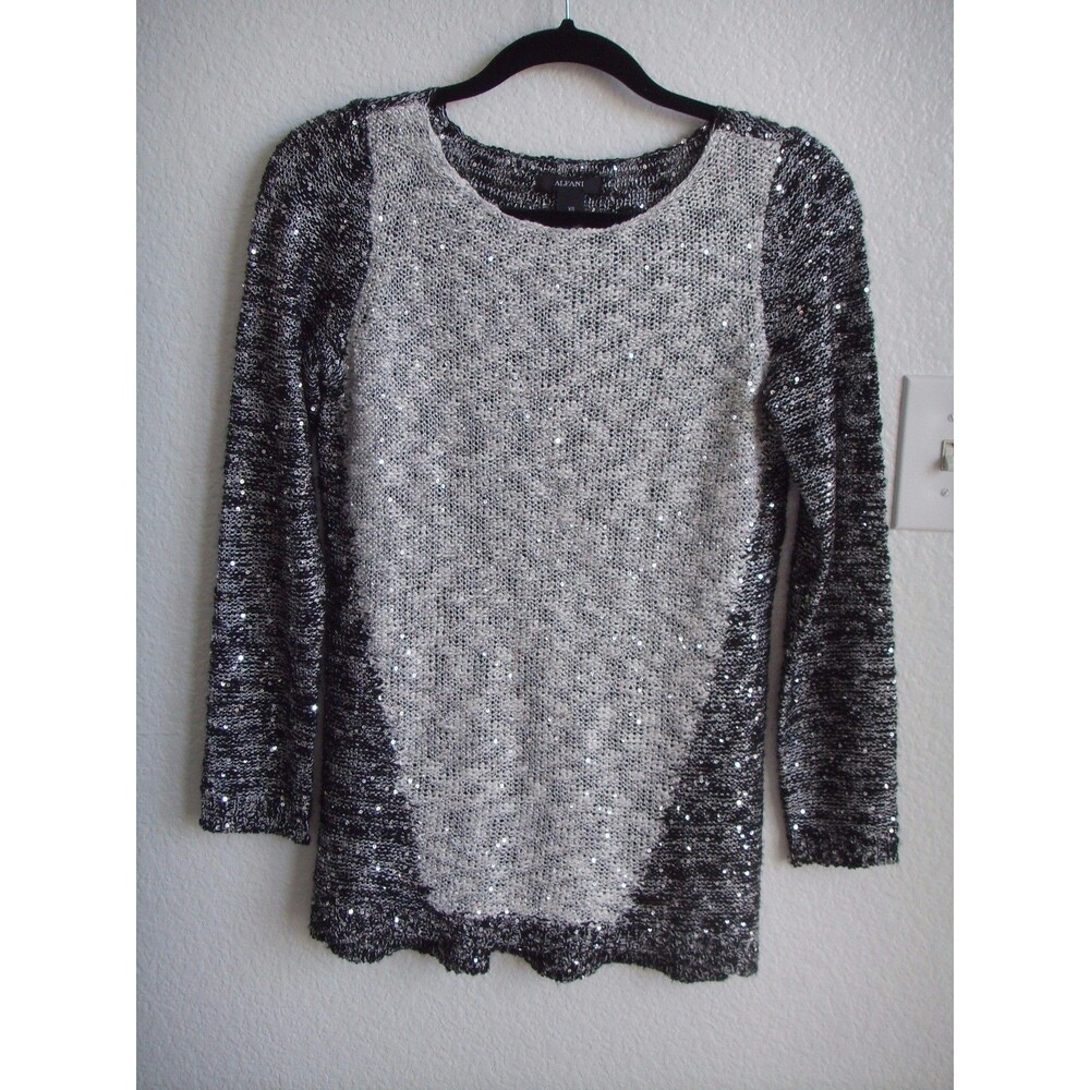 ALFANI Sequin Embellished White Gray Metallic Knit Tunic Sweater Top XS S 2 4 6